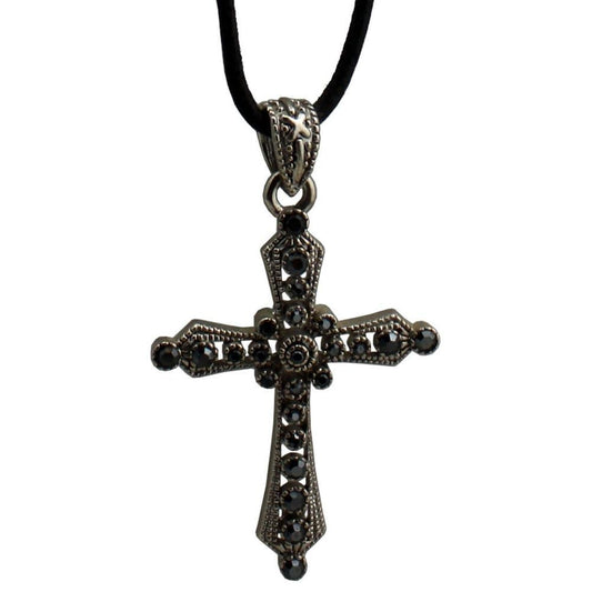 1289 - Necklace Cross Silver/Black - |Clear-5|