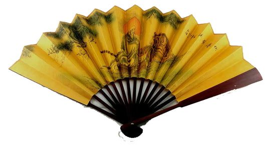 1398 - 13" Silk Fan Tiger Buddha Kanji - W-30 : CS UNEARTHED