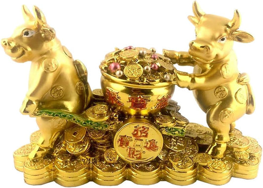 14141 - 7" 2 Golden Oxen-Pot of Coins - [Z-45]