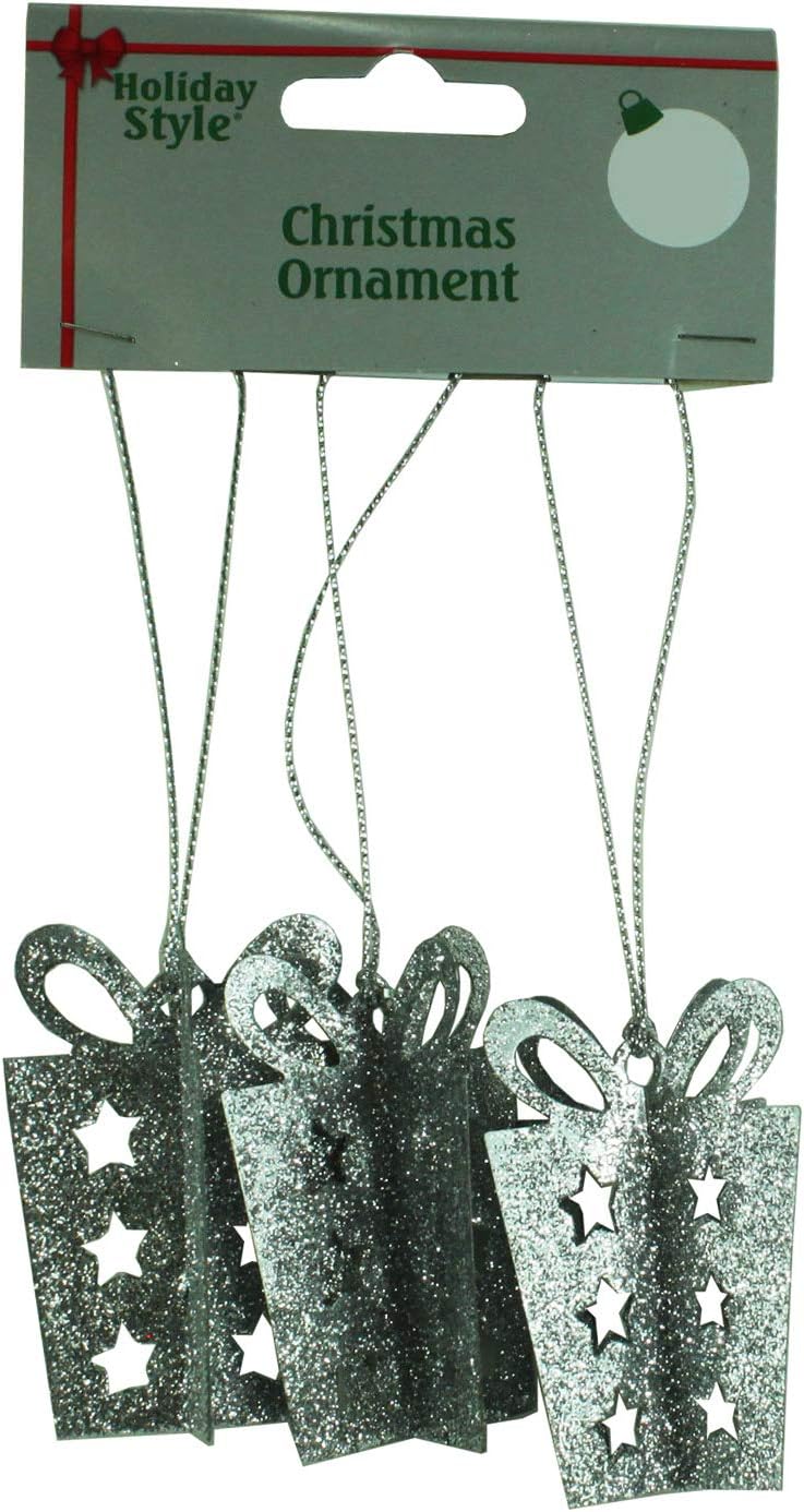 14213 - 3 pc Silver Glitter Present Ornaments - [Pod 2-65]