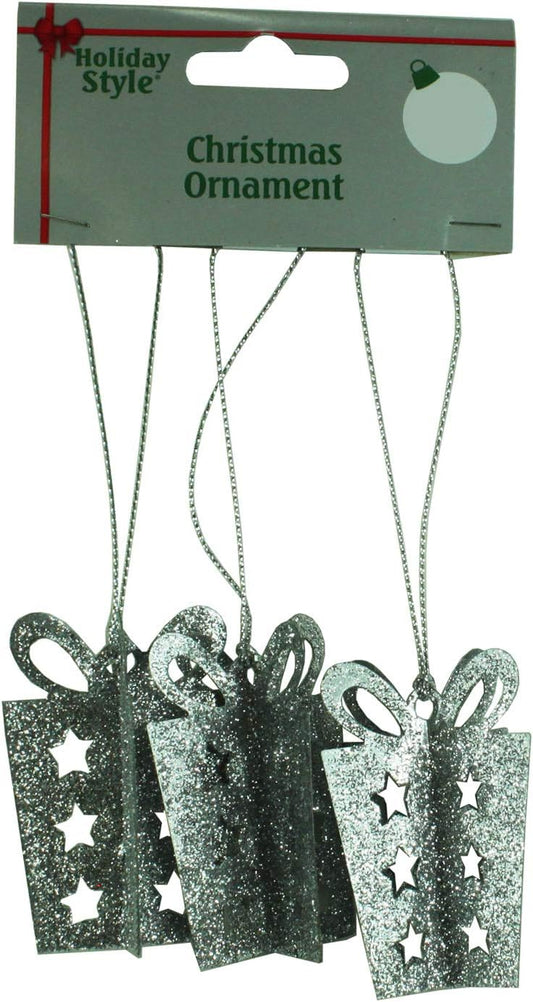 14213 - 3 pc Silver Glitter Present Ornaments - [Pod 2-65]