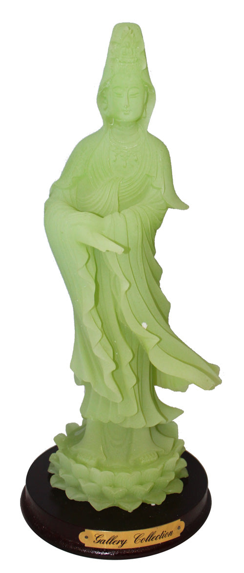 14758 - 11" Green Quan Yin Statue On Wooden Base |X - 19|