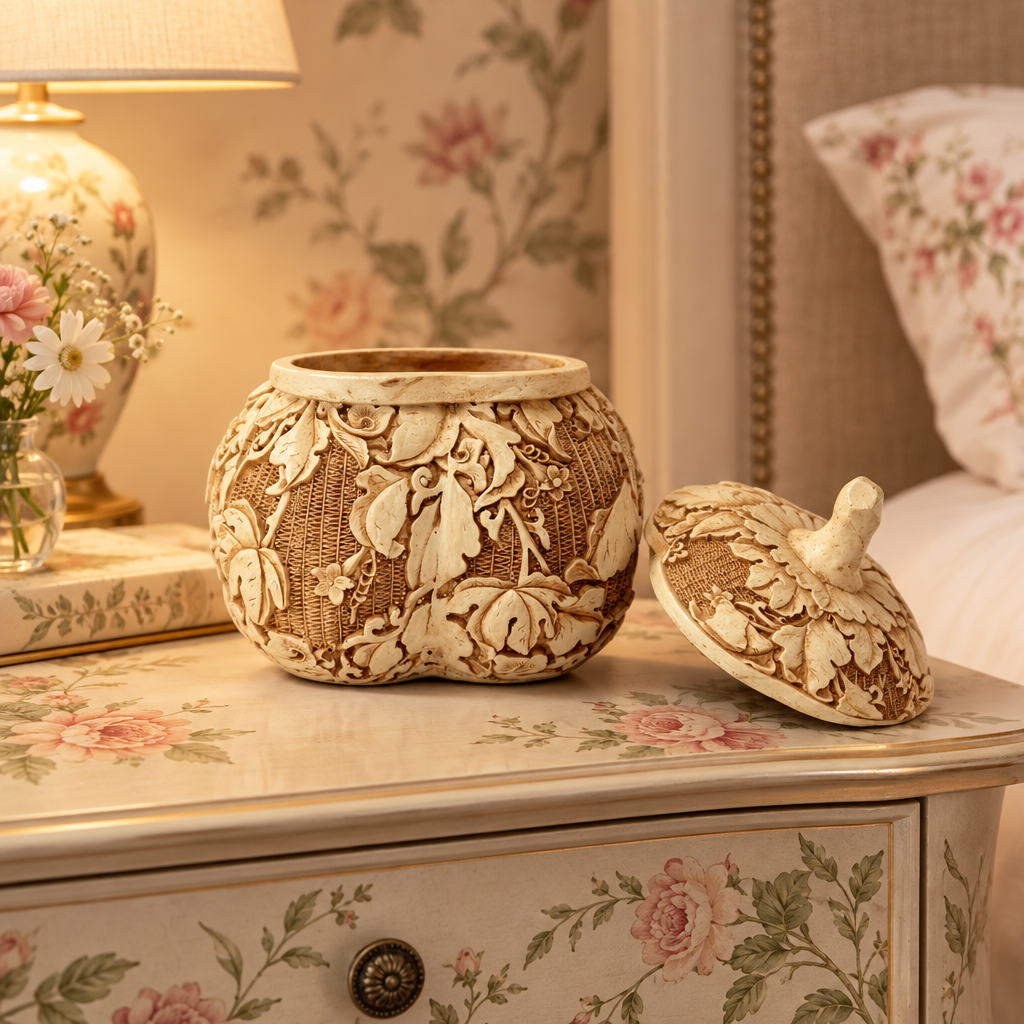15805 - 5" Carved Plume Shaped Faux Ivory Box w/ Lid |TBD|