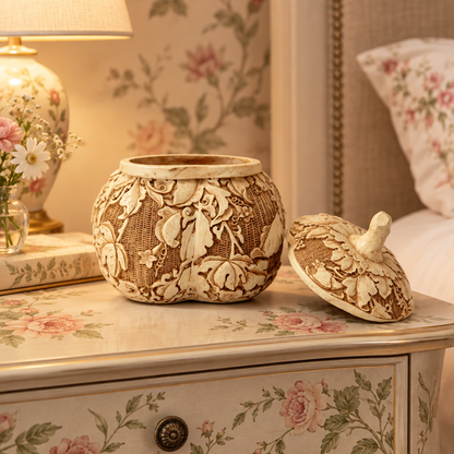 15805 - 5" Carved Plume Shaped Faux Ivory Box w/ Lid |TBD|