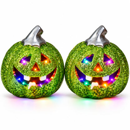 16041 - Set of Two 3" Green Glitter LED Pumpkin |TBD|