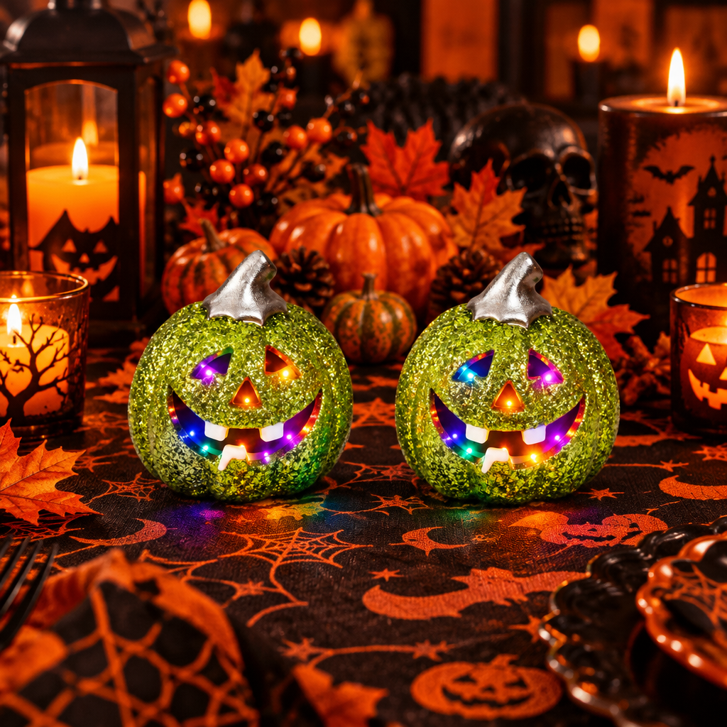 16041 - Set of Two 3" Green Glitter LED Pumpkin |TBD|
