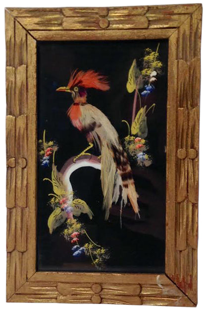 16577 - Vintage 5.5X8.5" Feather Bird Painting Framed With Glass |R-22|