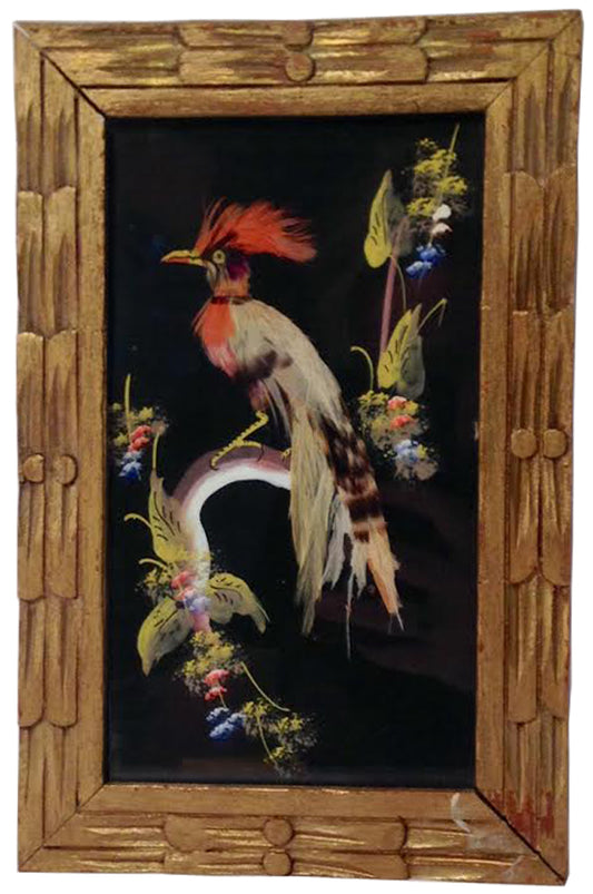 16577 - Vintage 5.5X8.5" Feather Bird Painting Framed With Glass |8-14|