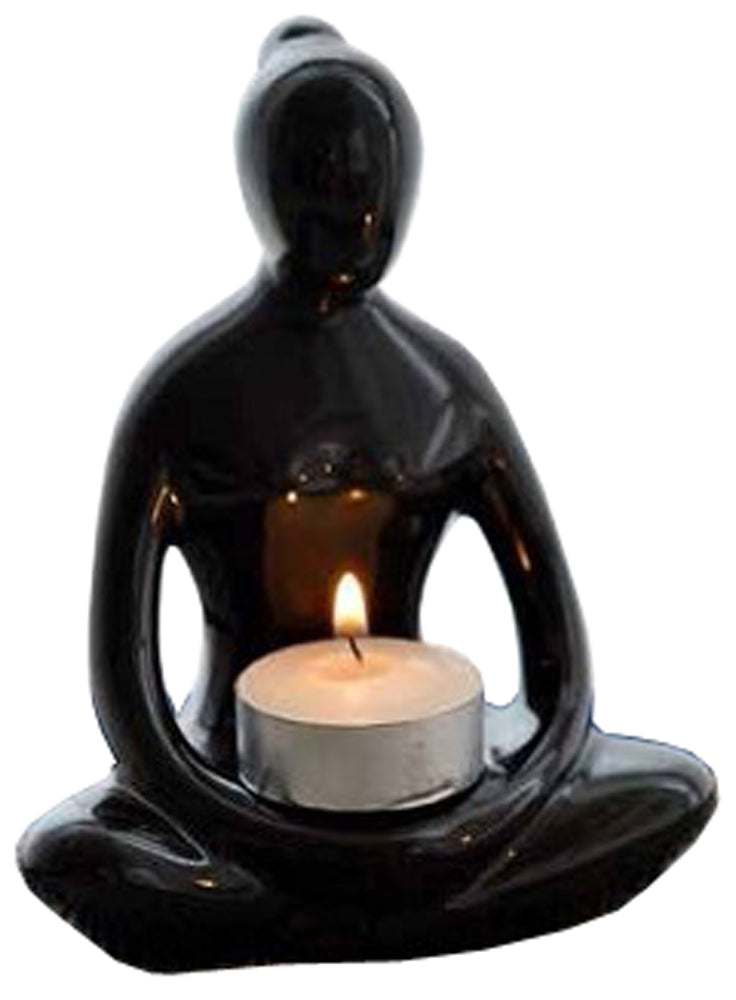 16702 - 6" Yoga Lotus Pose Ceramic Candle Holder Black |9-15|