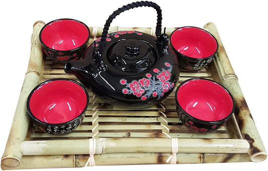 17338 - Five Piece Tea Set Black w/ Red Flowers 14" Tray Not Included |11-18|