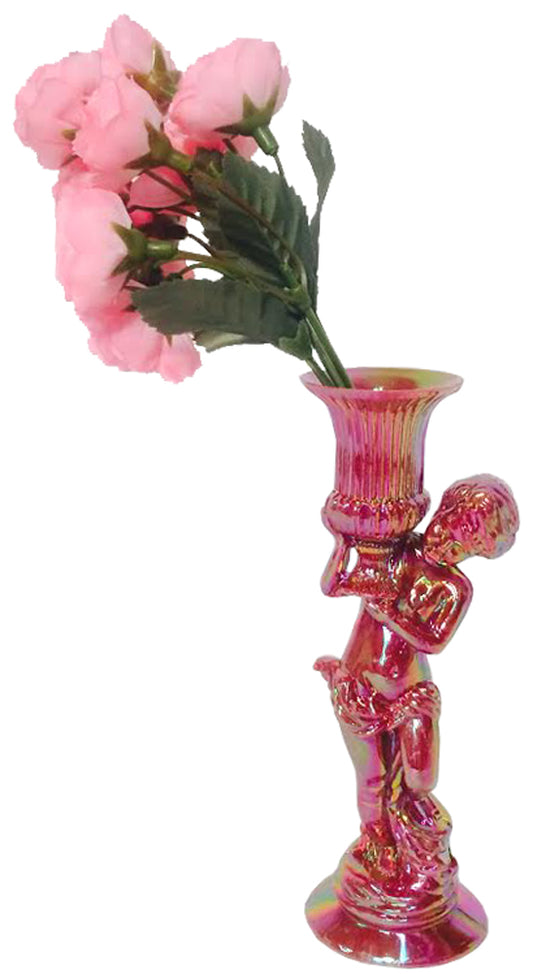 17908 - 7-Inch Plastic Vase With Faux Pink Roses |14-18|