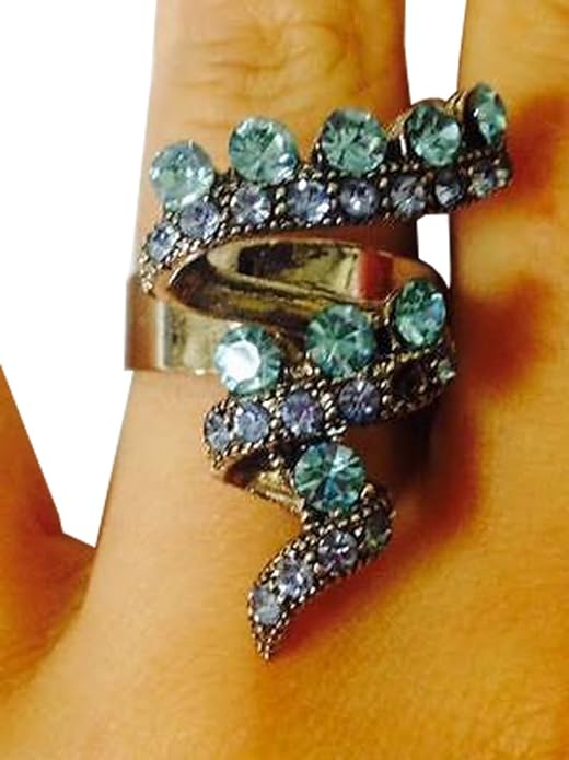 18504 - Silver Swirly Ring Blue Crystal - [Clear-223]