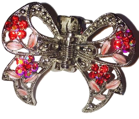 18655 - Silver Bow Hairclip/Red Stones - [Clear-159]