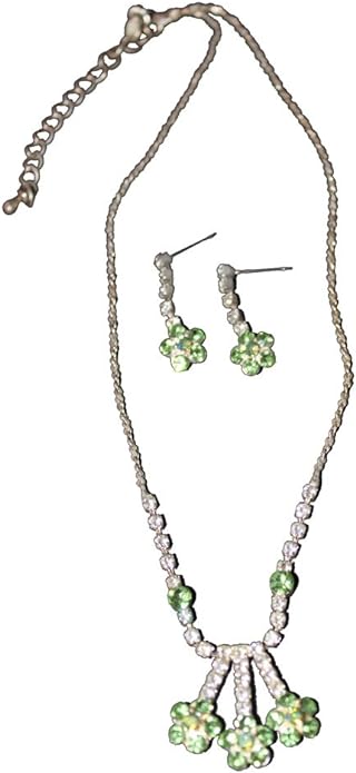 18750 - Sparkly Green Flower Necklace and Earrings Set - [Clear-204]