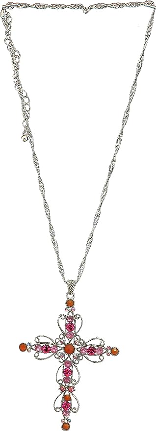 18754 - Silver Cross Necklace Pink and Orange Rhinestones - [Clear-204]