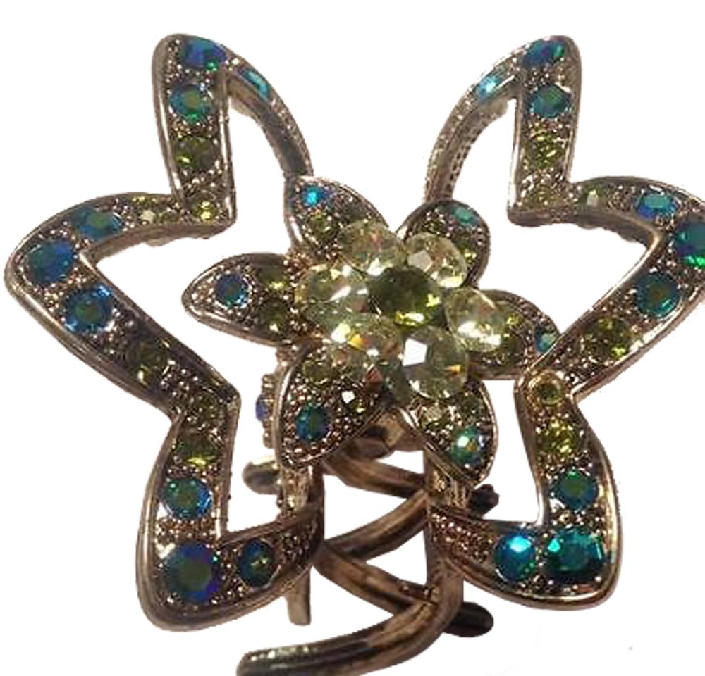 18773 - Gold Star Hairclip with Blue and Green Rhinestones - [Clear-57]