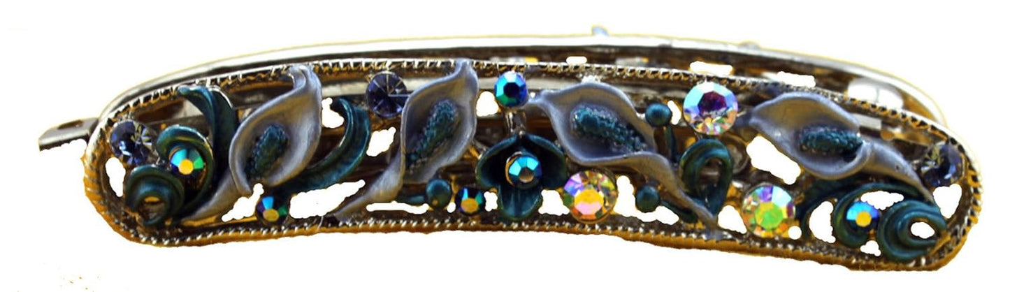 18865 - Large Barrette w/Blue Flowers and Crystals - [Clear-222]