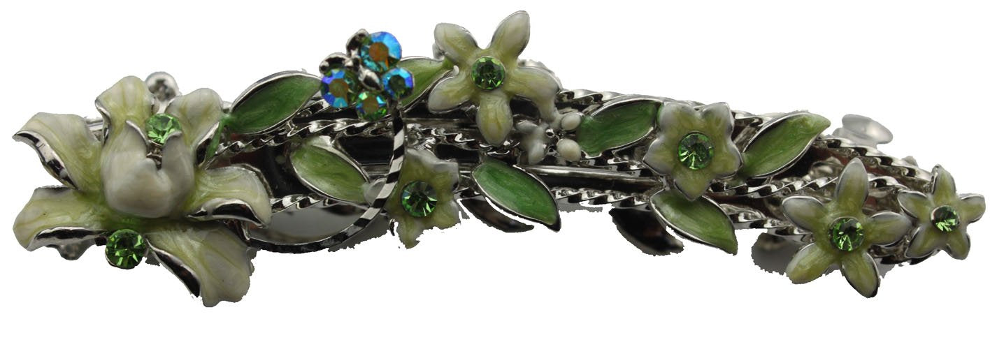18891 - Green Flower Barrette w/Crystal - [Clear-57]