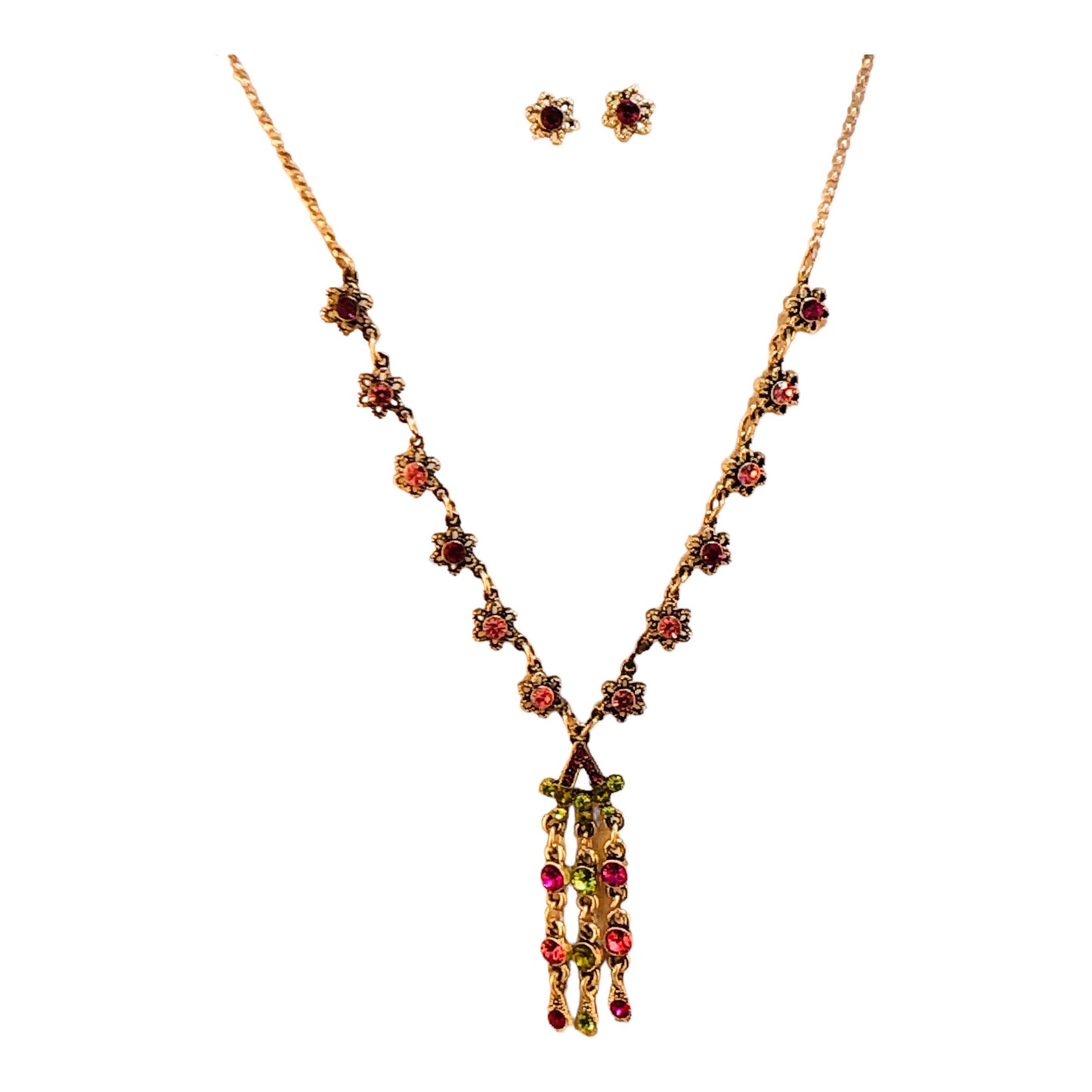 19252 - 18" Green & Pink Crystal Necklace & Earrings - [Clear-56]