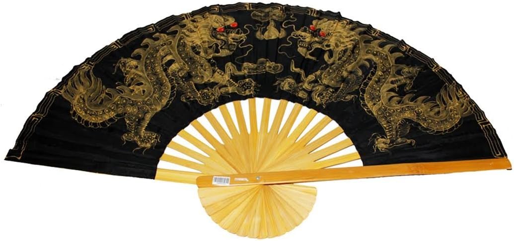 19282 - 40" Hand Painted Fabric Black Wall Fan Gold Dragons |W-24|