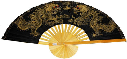 19282 - 40" Hand Painted Fabric Black Wall Fan Gold Dragons |W-24|