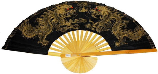 19282 - 40" Hand Painted Fabric Black Wall Fan Gold Dragons |W-24|