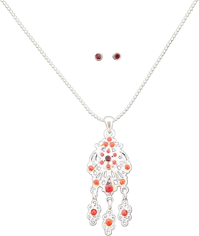 19628 - Silver w/Red Stones Necklace & Earrings Set - [Clear-110]