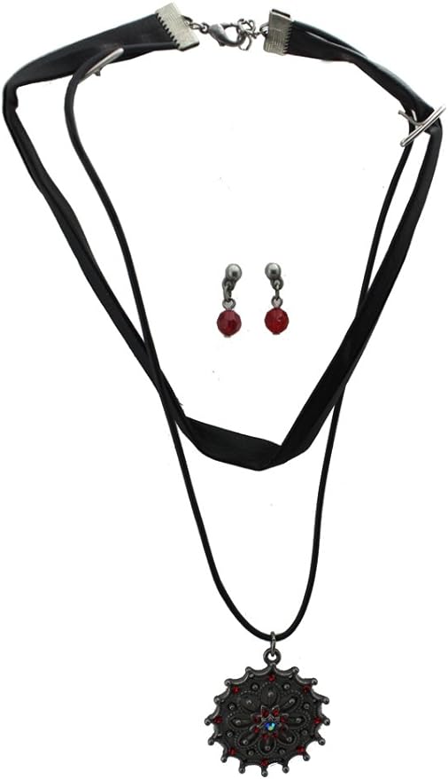 19640 - Black Leather with Red Crystals Choker and Earring Set - [Clear-135]