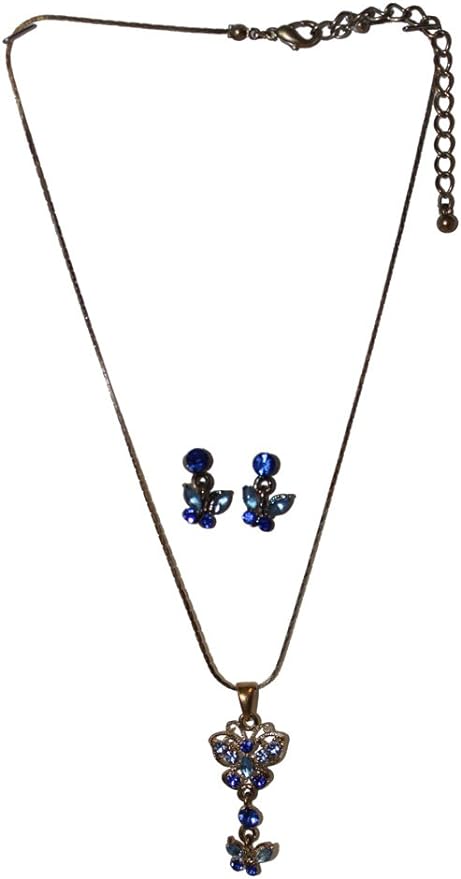 19642 - Blue Crystal Butterfly Necklace/Earrings - [Clear-94]