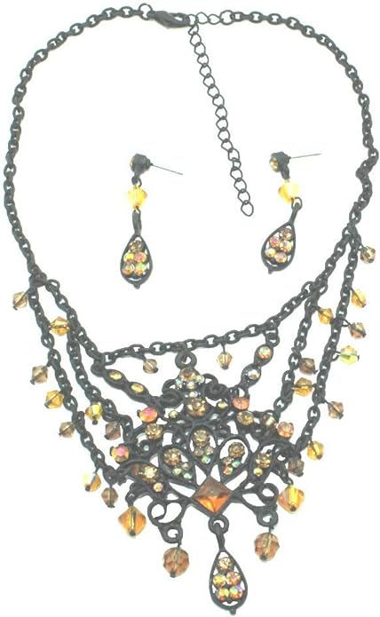 19652 - Black/Amber Color Choker/Earrings - [Clear-135]