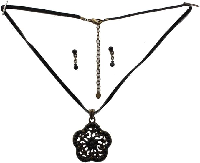 19743 - Black Leather Band Necklace and Earrings Set - [Clear-135]