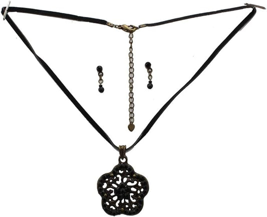 19743 - Black Leather Band Necklace and Earrings Set - [Clear-135]