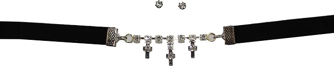 19949 - Black Band & Silver Cross Choker with Earrings - [Clear-117]