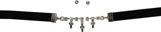 19949 - Black Band & Silver Cross Choker with Earrings - [Clear-117]