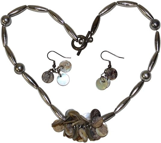 20199 - Silver Mother of Pearl Bead/Shell 18" Necklace and Earrings - [Clear-102]