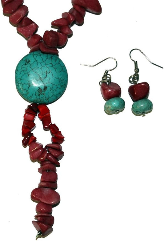 20217 - Red & Turquoise Handmade Natural Stone Necklace and Earrings - Clear-137 : CM