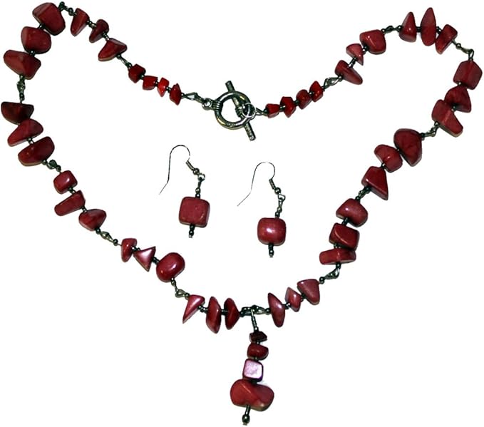 20243 - Natural Red Stone 20" Necklace with Earrings - [Clear-131]