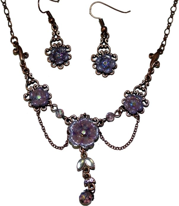 20371 - Purple Color Flower 20" Necklace Set - [Clear-134]