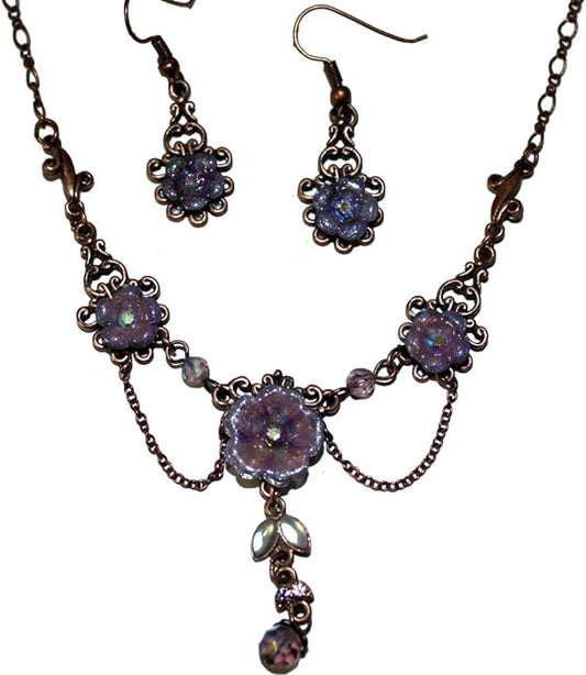 20371 - Purple Color Flower 20" Necklace Set - [Clear-134]