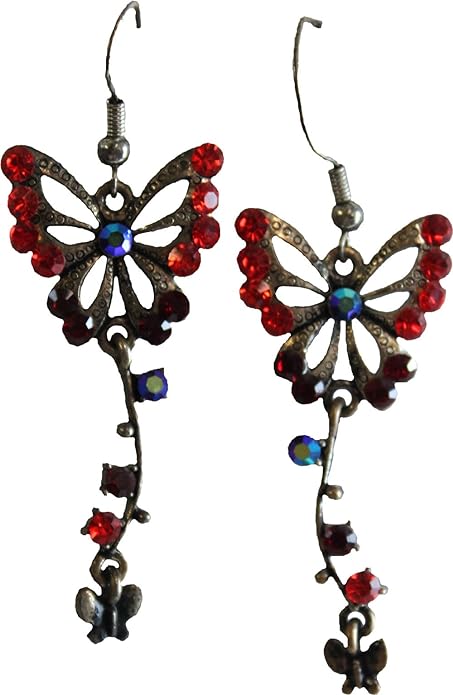 20625 - Dangly Butterfly Earrings with  Red Rhinestones- [Clear-138]