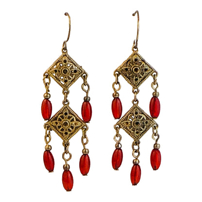 22732 - Elegant Golden Dangle Earrings with Red Accents and 2-Inch Length |Clear-65|