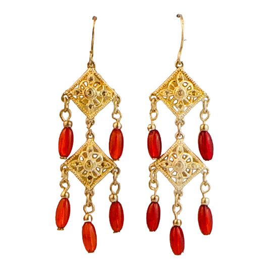 22732 - Elegant Golden Dangle Earrings with Red Accents and 2-Inch Length |Clear-65|