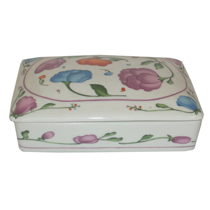 2317-Horchow Floral Ceramic Trinket Box Cream Jewelry Box with Multicolor Blossoms, 5.5" x 4"|9-20|