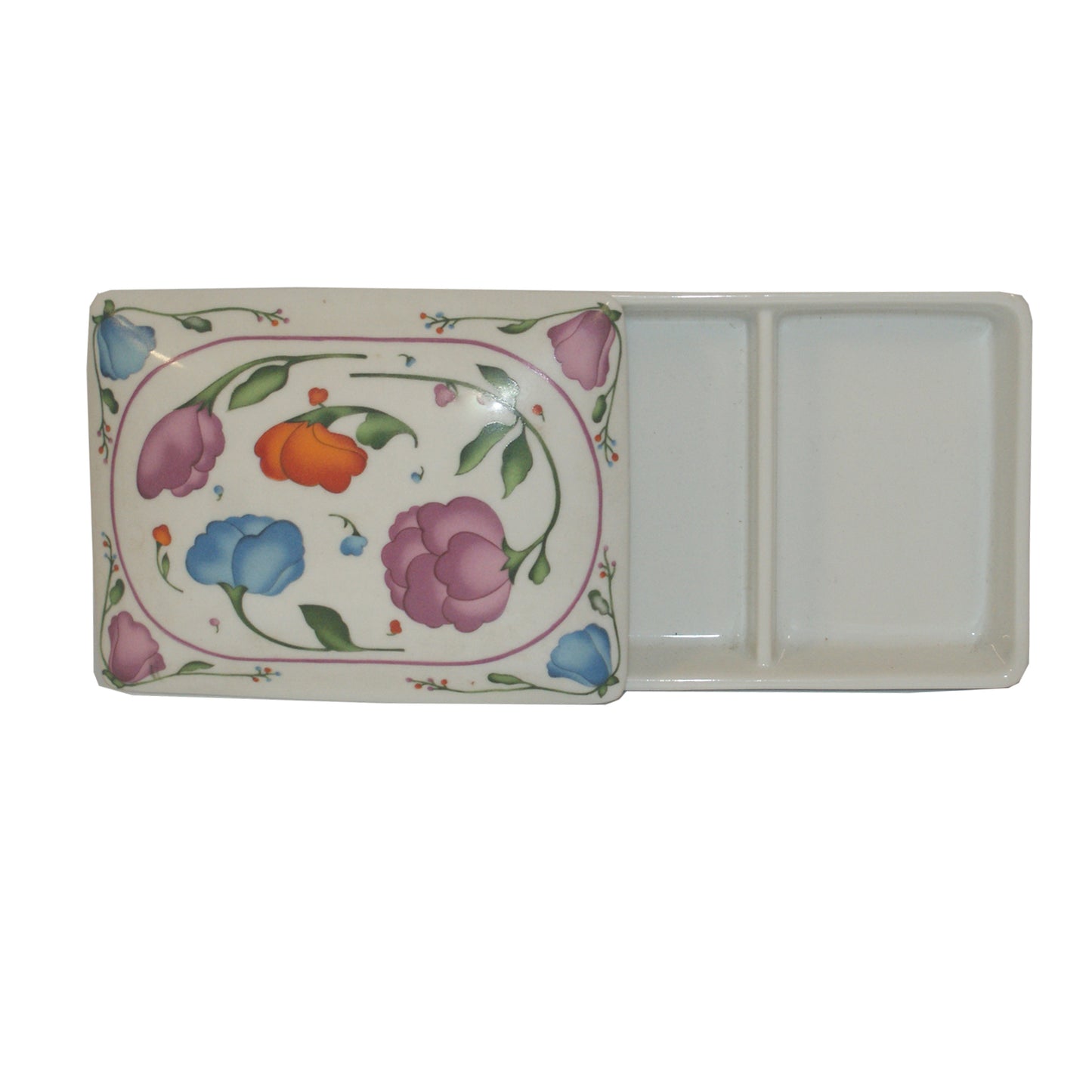 2317-Horchow Floral Ceramic Trinket Box Cream Jewelry Box with Multicolor Blossoms, 5.5" x 4"|9-20|