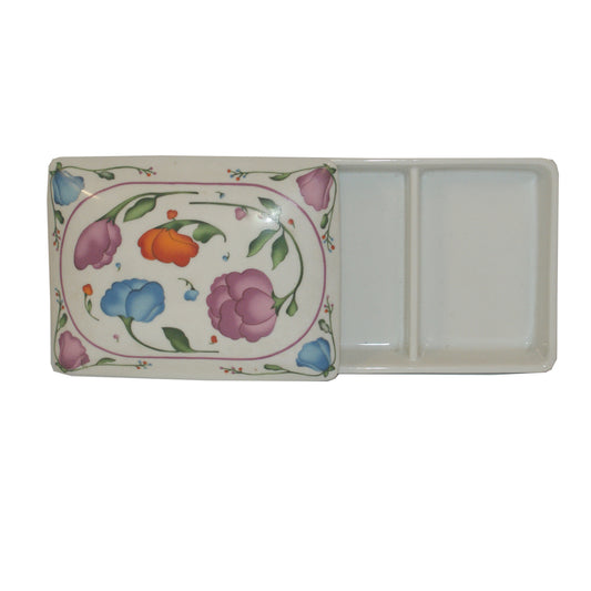 2317-Horchow Floral Ceramic Trinket Box Cream Jewelry Box with Multicolor Blossoms, 5.5" x 4"|9-20|