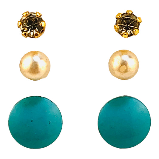 24604 - Set of 3 Stud Earrings - Flat Turquoise, Faux Pearl, Rhinestone - [Clear-56]