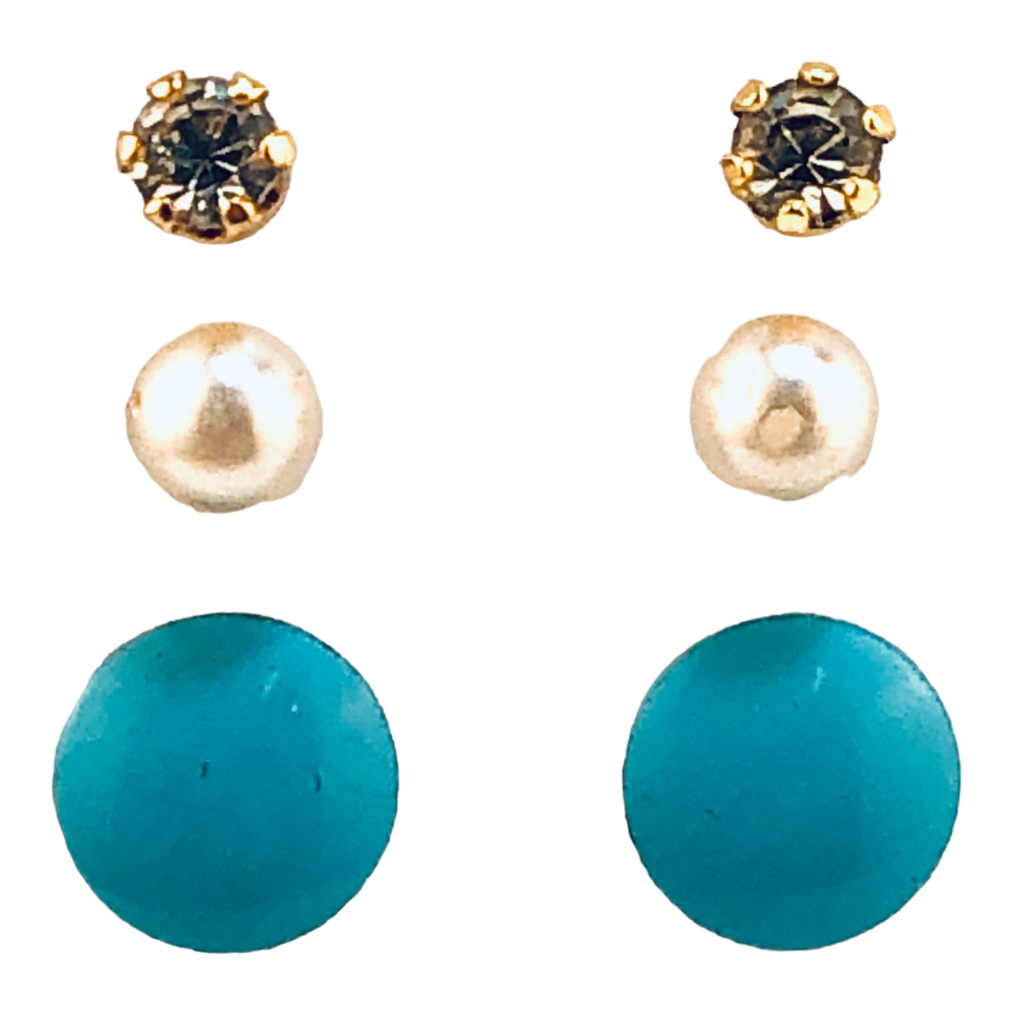 24604 - Set of 3 Stud Earrings - Flat Turquoise, Faux Pearl, Rhinestone - [Clear-56]