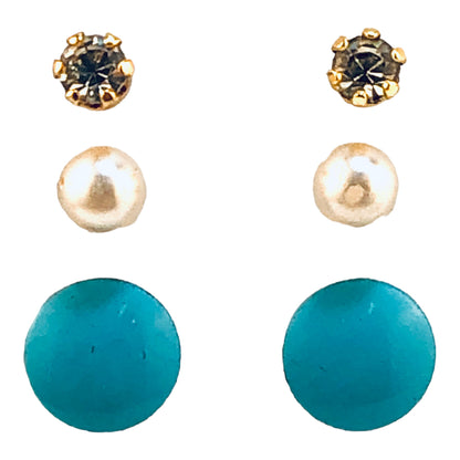 24604 - Set of 3 Stud Earrings - Flat Turquoise, Faux Pearl, Rhinestone - [Clear-56]