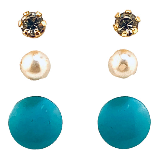 24604 - Set of 3 Stud Earrings - Flat Turquoise, Faux Pearl, Rhinestone - [Clear-56]