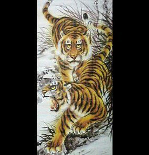 2466 - 12x30 Rattan Scroll Double Tiger |Scrolls|